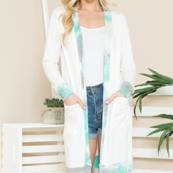 SOLID MIDI OPEN CARDIGAN WITH TIE DYE CONTRAST - Picture 1 of 5